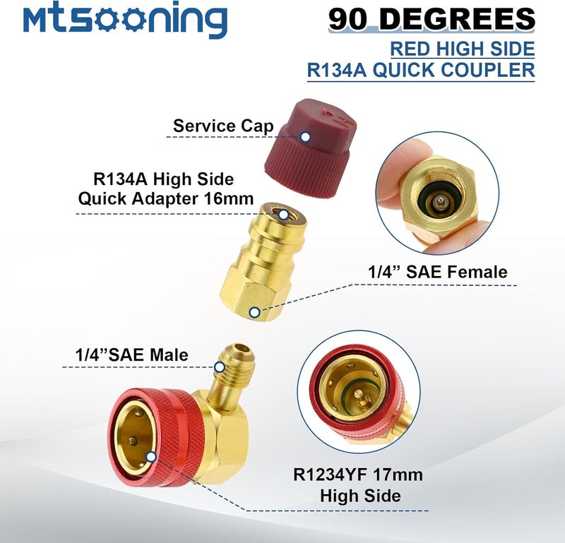 Mtsooning R1234yf 90° High/Low Side Quick Couplers Kit, R1234YF to R134A Quick Coupler Adapter, R1234YF Hose Adapter Fitting Connector with R134A Retrofit Valve for Car Conditioner AC Charging - Image 3